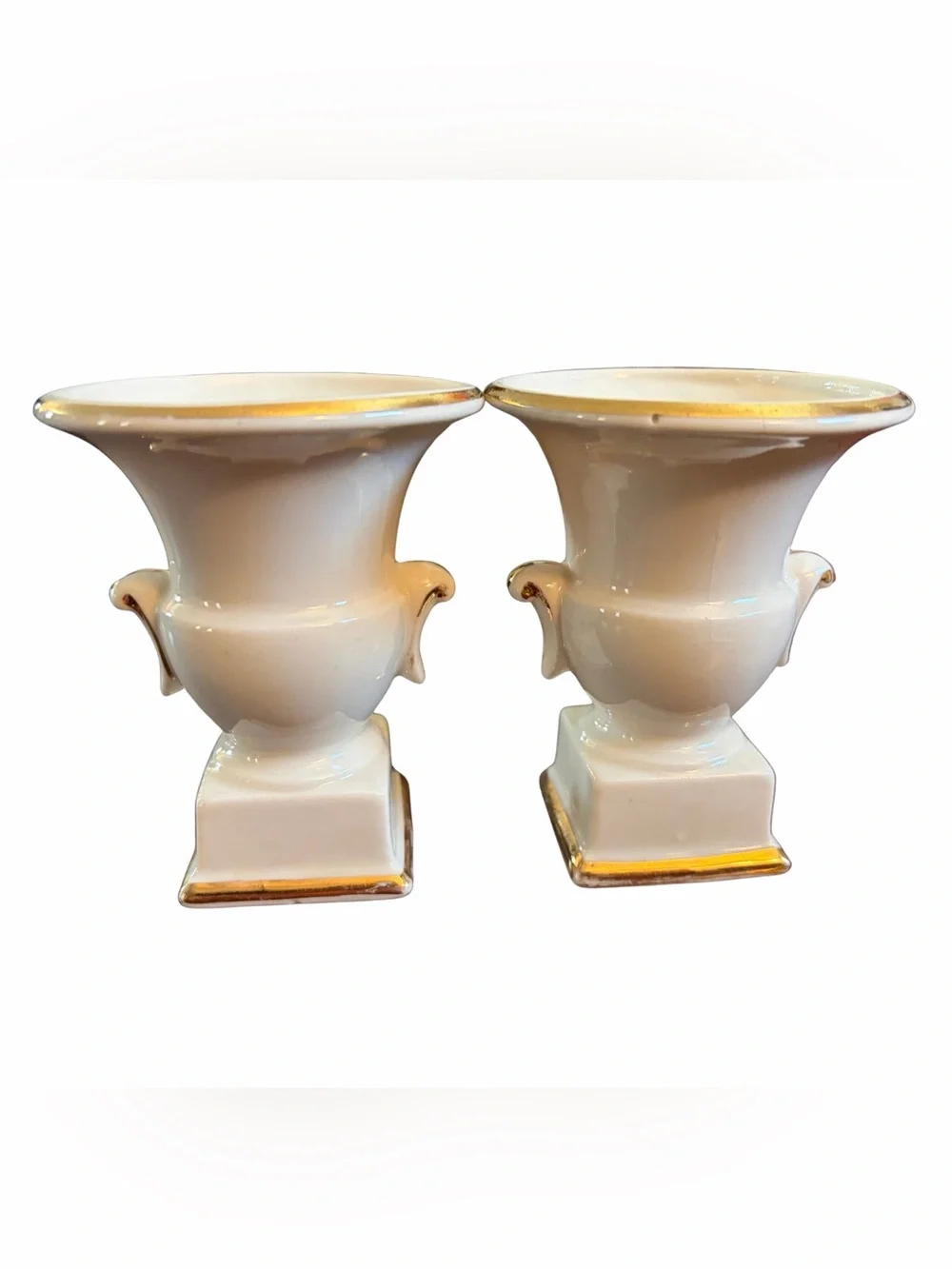 Vintage Double Handled Floral Urn Mantel Vase Pair Gold Trim
